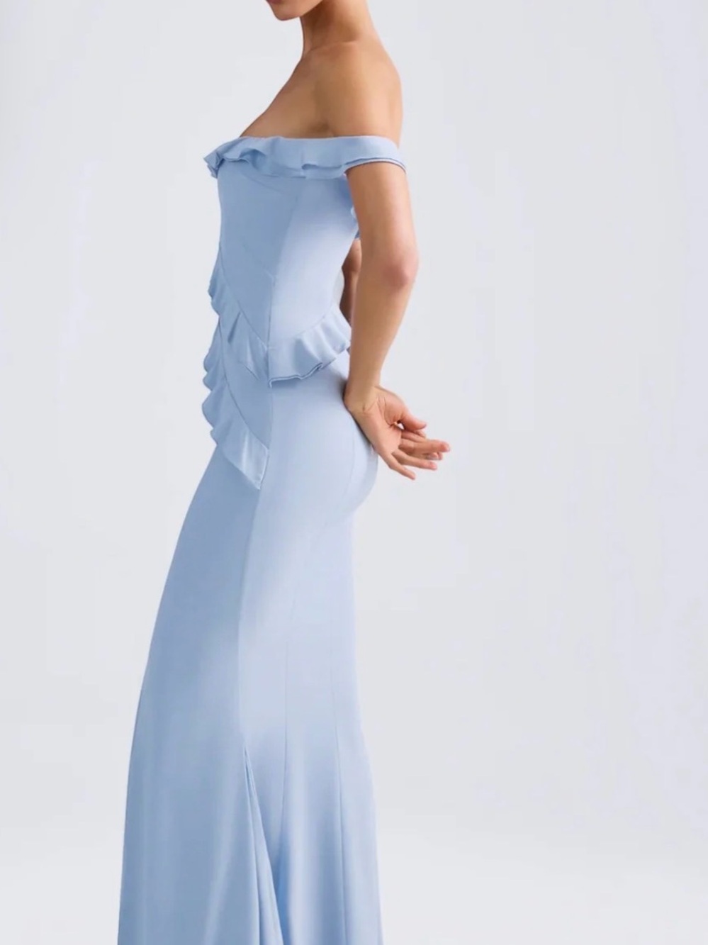Oh Polly Elegant Off-Shoulder Ruffled Maxi Dress in Light Blue - Picture 3 of 8